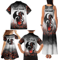 Custom Black Dragon Bowling Family Matching Tank Maxi Dress and Hawaiian Shirt with Fiery Ball and Thunderstorm Lightning Pattern - Wonder Print Shop