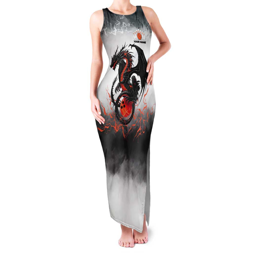 Custom Black Dragon Bowling Family Matching Tank Maxi Dress and Hawaiian Shirt with Fiery Ball and Thunderstorm Lightning Pattern - Wonder Print Shop