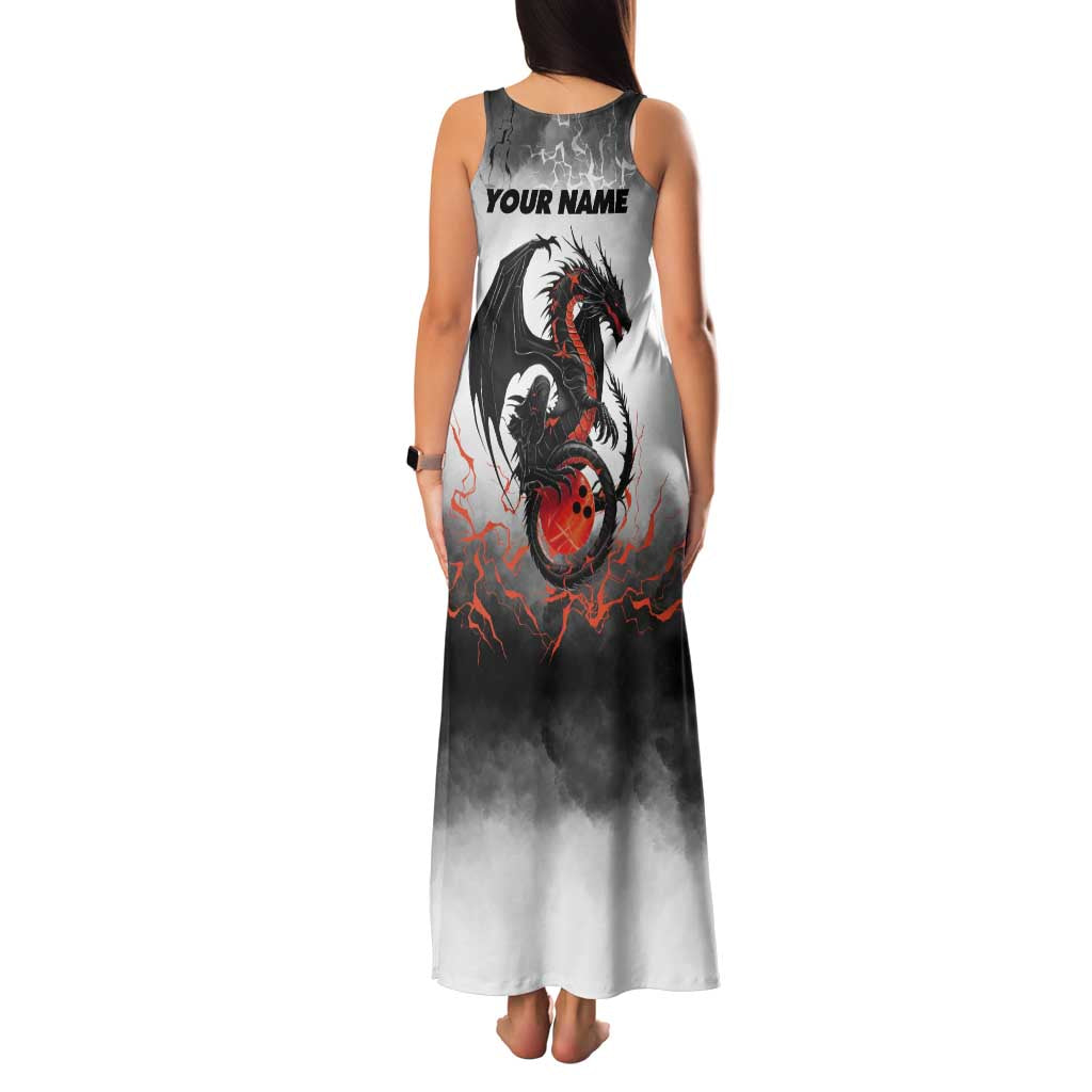 Custom Black Dragon Bowling Family Matching Tank Maxi Dress and Hawaiian Shirt with Fiery Ball and Thunderstorm Lightning Pattern - Wonder Print Shop