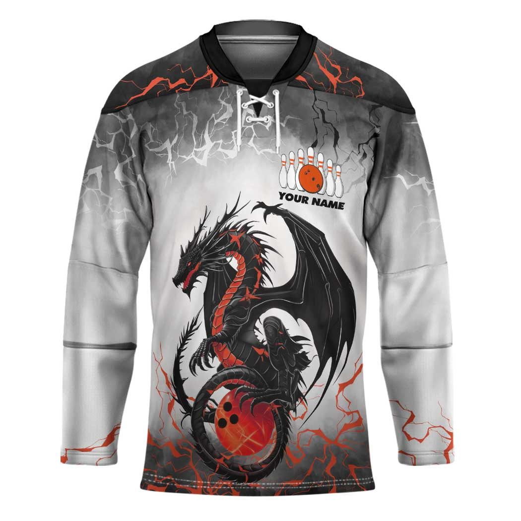Custom Black Dragon Bowling Hockey Jersey with Fiery Ball and Thunderstorm Lightning Pattern - Wonder Print Shop