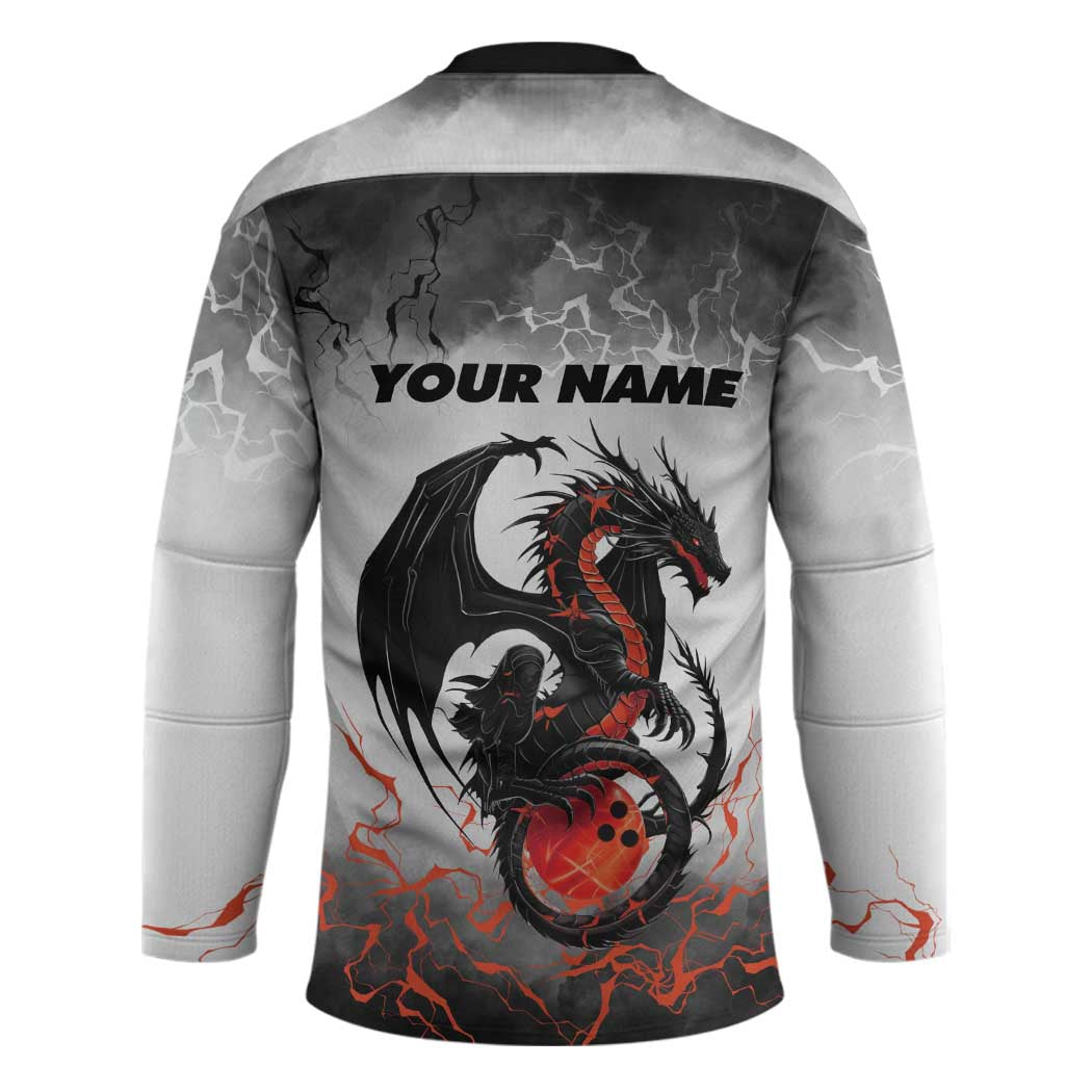 Custom Black Dragon Bowling Hockey Jersey with Fiery Ball and Thunderstorm Lightning Pattern - Wonder Print Shop