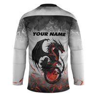 Custom Black Dragon Bowling Hockey Jersey with Fiery Ball and Thunderstorm Lightning Pattern - Wonder Print Shop