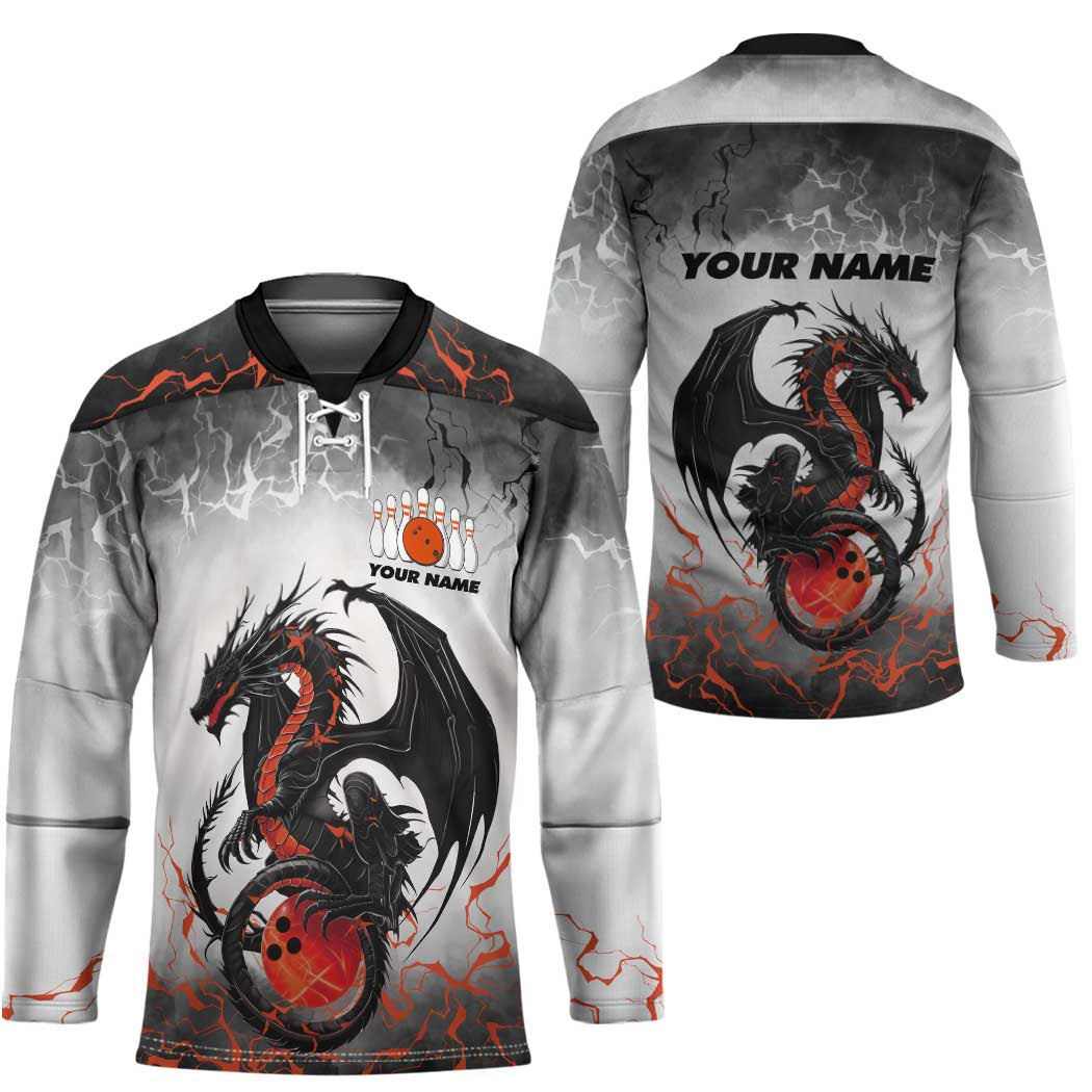 Custom Black Dragon Bowling Hockey Jersey with Fiery Ball and Thunderstorm Lightning Pattern - Wonder Print Shop