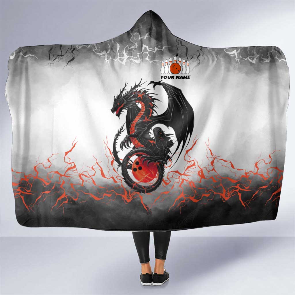 Custom Black Dragon Bowling Hooded Blanket with Fiery Ball and Thunderstorm Lightning Pattern - Wonder Print Shop