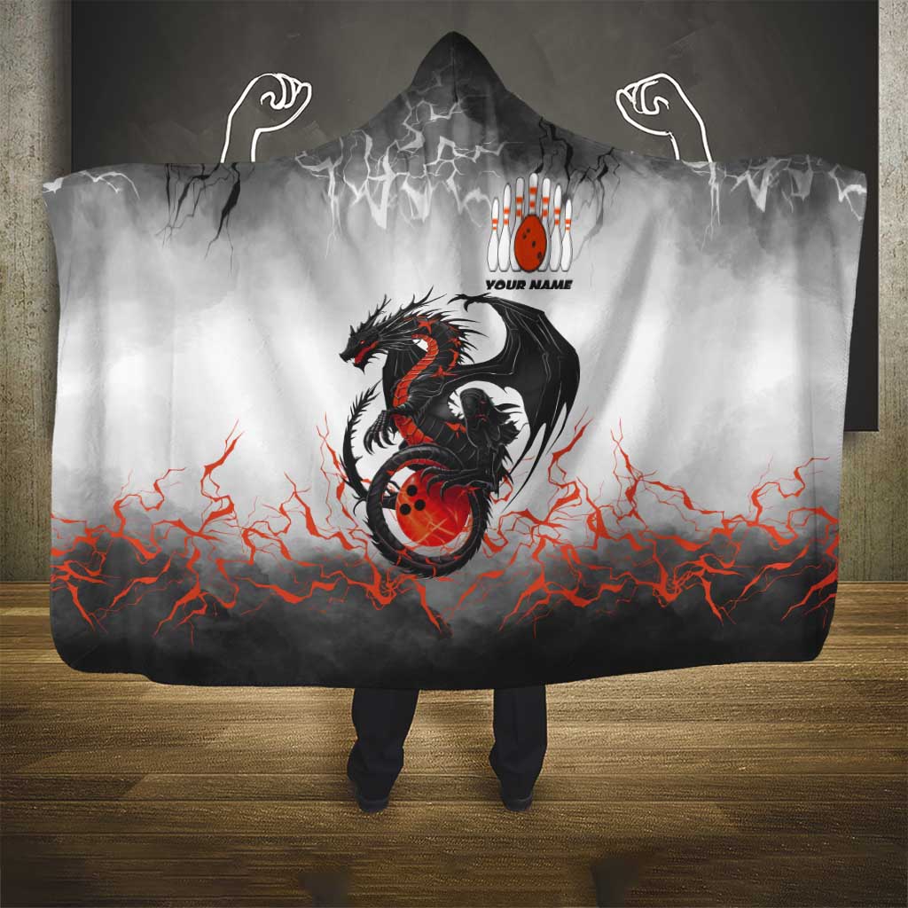 Custom Black Dragon Bowling Hooded Blanket with Fiery Ball and Thunderstorm Lightning Pattern - Wonder Print Shop