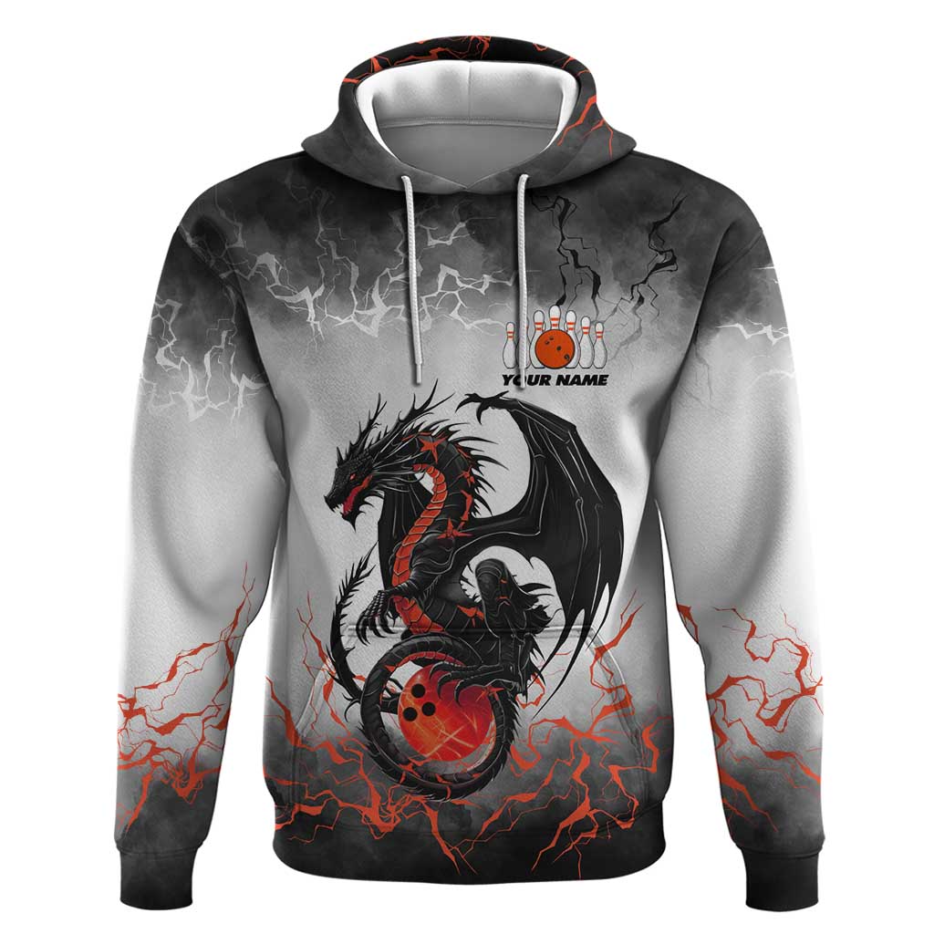 Custom Black Dragon Bowling Hoodie with Fiery Ball and Thunderstorm Lightning Pattern - Wonder Print Shop