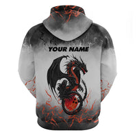 Custom Black Dragon Bowling Hoodie with Fiery Ball and Thunderstorm Lightning Pattern - Wonder Print Shop