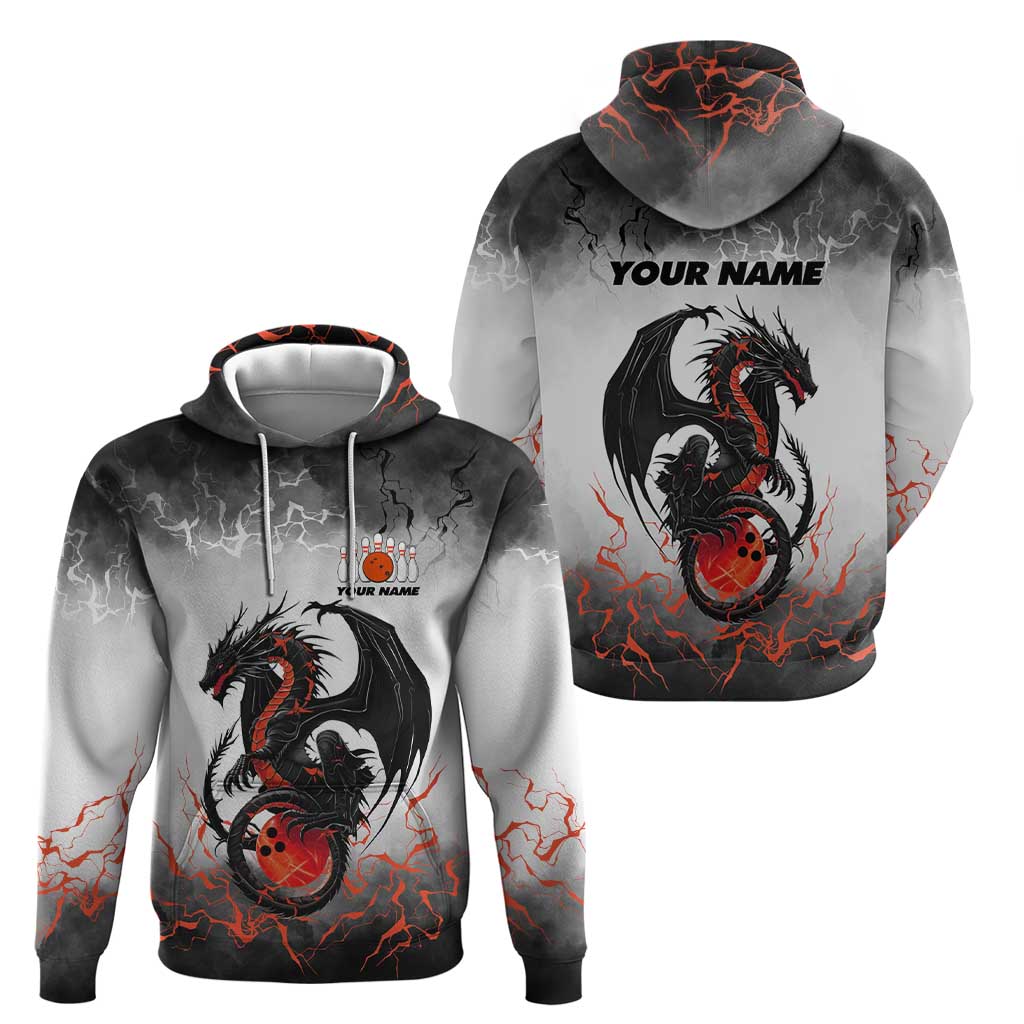 Custom Black Dragon Bowling Hoodie with Fiery Ball and Thunderstorm Lightning Pattern - Wonder Print Shop