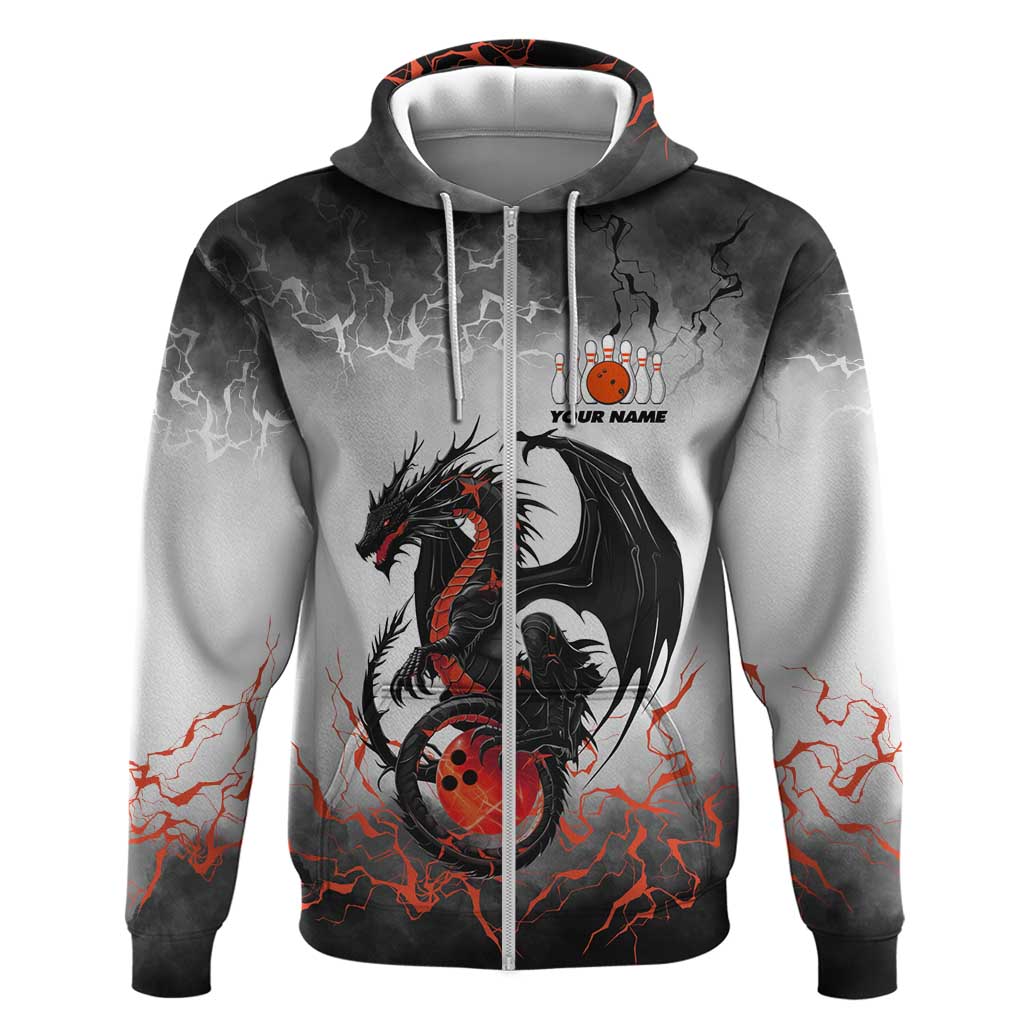 Custom Black Dragon Bowling Hoodie with Fiery Ball and Thunderstorm Lightning Pattern - Wonder Print Shop