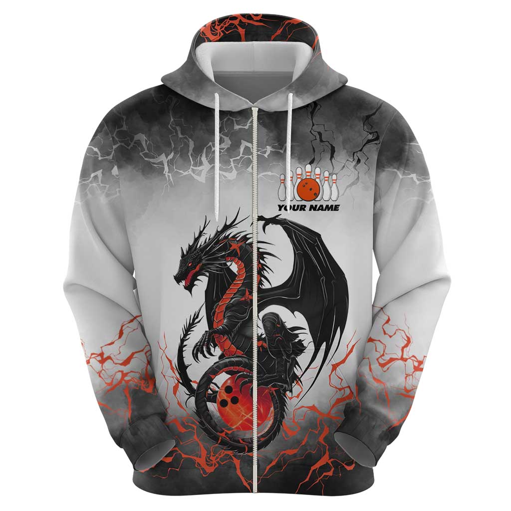Custom Black Dragon Bowling Hoodie with Fiery Ball and Thunderstorm Lightning Pattern - Wonder Print Shop