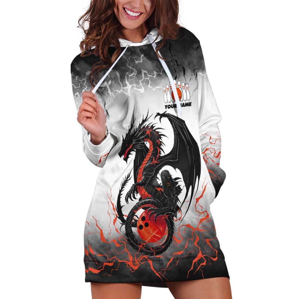 Custom Black Dragon Bowling Hoodie Dress with Fiery Ball and Thunderstorm Lightning Pattern - Wonder Print Shop