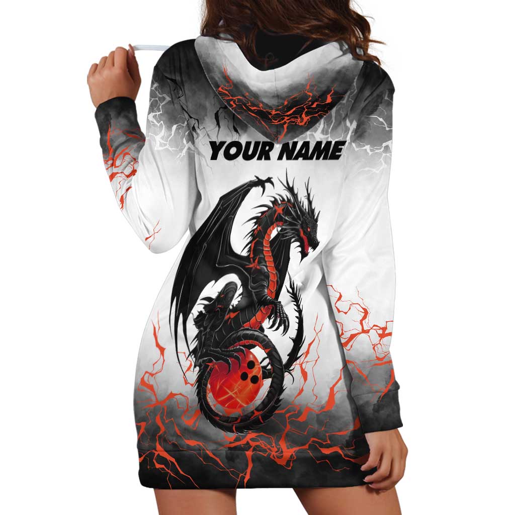 Custom Black Dragon Bowling Hoodie Dress with Fiery Ball and Thunderstorm Lightning Pattern - Wonder Print Shop