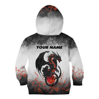 Custom Black Dragon Bowling Kid Hoodie with Fiery Ball and Thunderstorm Lightning Pattern - Wonder Print Shop