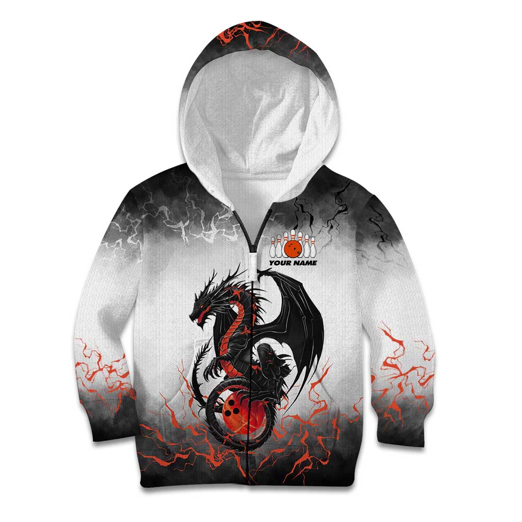 Custom Black Dragon Bowling Kid Hoodie with Fiery Ball and Thunderstorm Lightning Pattern - Wonder Print Shop