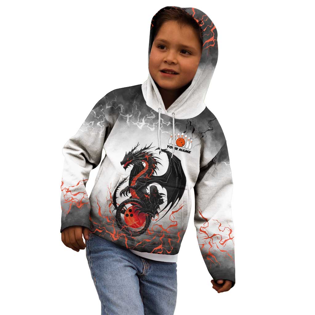Custom Black Dragon Bowling Kid Hoodie with Fiery Ball and Thunderstorm Lightning Pattern - Wonder Print Shop