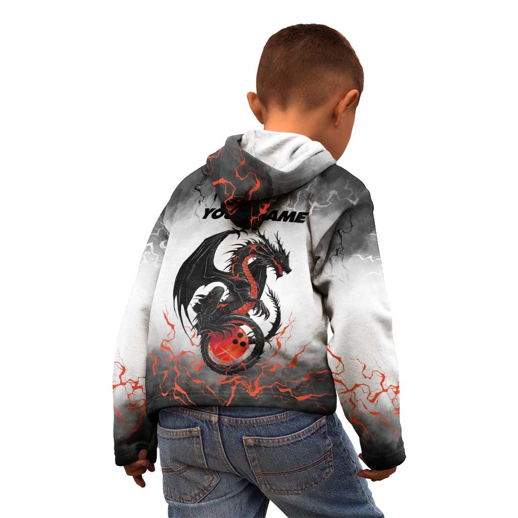 Custom Black Dragon Bowling Kid Hoodie with Fiery Ball and Thunderstorm Lightning Pattern - Wonder Print Shop