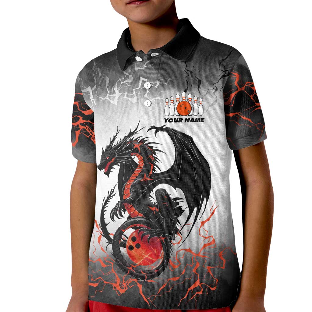 Custom Black Dragon Bowling Kid Polo Shirt with Fiery Ball and Thunderstorm Lightning Pattern - Wonder Print Shop