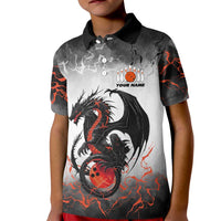 Custom Black Dragon Bowling Kid Polo Shirt with Fiery Ball and Thunderstorm Lightning Pattern - Wonder Print Shop