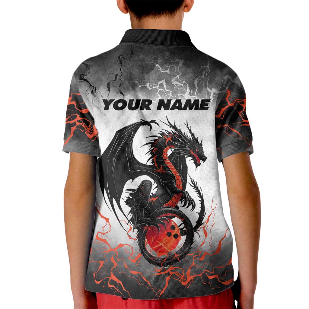 Custom Black Dragon Bowling Kid Polo Shirt with Fiery Ball and Thunderstorm Lightning Pattern - Wonder Print Shop