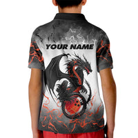 Custom Black Dragon Bowling Kid Polo Shirt with Fiery Ball and Thunderstorm Lightning Pattern - Wonder Print Shop