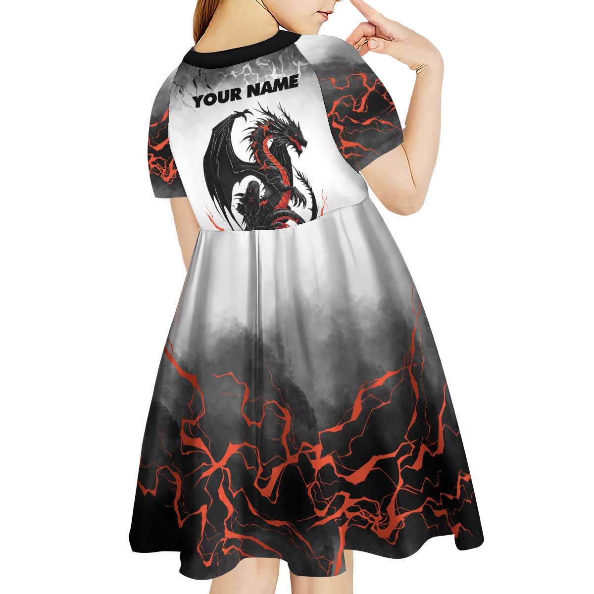 Custom Black Dragon Bowling Kid Short Sleeve Dress with Fiery Ball and Thunderstorm Lightning Pattern - Wonder Print Shop