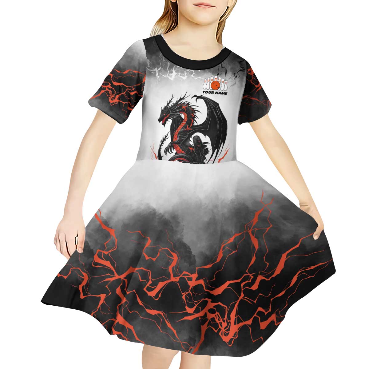 Custom Black Dragon Bowling Kid Short Sleeve Dress with Fiery Ball and Thunderstorm Lightning Pattern - Wonder Print Shop