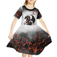 Custom Black Dragon Bowling Kid Short Sleeve Dress with Fiery Ball and Thunderstorm Lightning Pattern - Wonder Print Shop