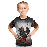 Custom Black Dragon Bowling Kid T Shirt with Fiery Ball and Thunderstorm Lightning Pattern - Wonder Print Shop
