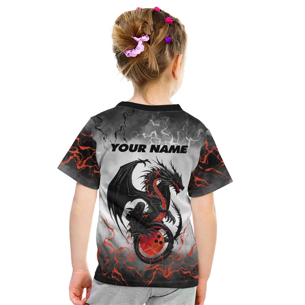 Custom Black Dragon Bowling Kid T Shirt with Fiery Ball and Thunderstorm Lightning Pattern - Wonder Print Shop