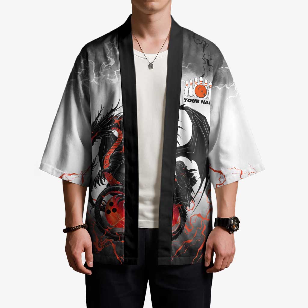 Custom Black Dragon Bowling Kimono with Fiery Ball and Thunderstorm Lightning Pattern - Wonder Print Shop