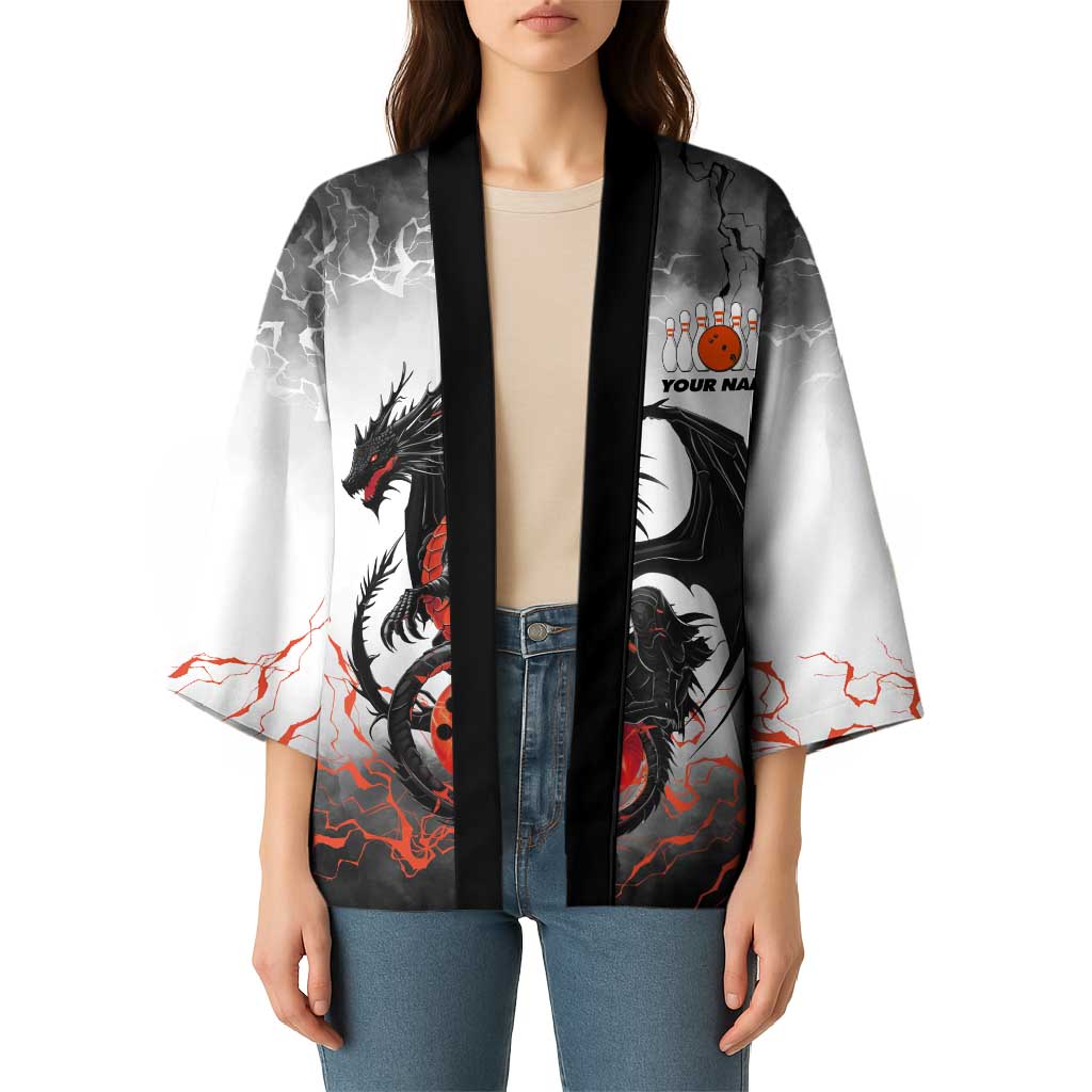 Custom Black Dragon Bowling Kimono with Fiery Ball and Thunderstorm Lightning Pattern - Wonder Print Shop