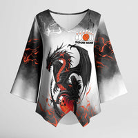 Custom Black Dragon Bowling Kimono Sleeve Blouse with Fiery Ball and Thunderstorm Lightning Pattern - Wonder Print Shop
