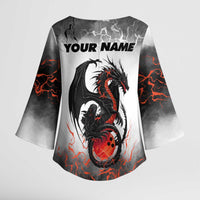 Custom Black Dragon Bowling Kimono Sleeve Blouse with Fiery Ball and Thunderstorm Lightning Pattern - Wonder Print Shop
