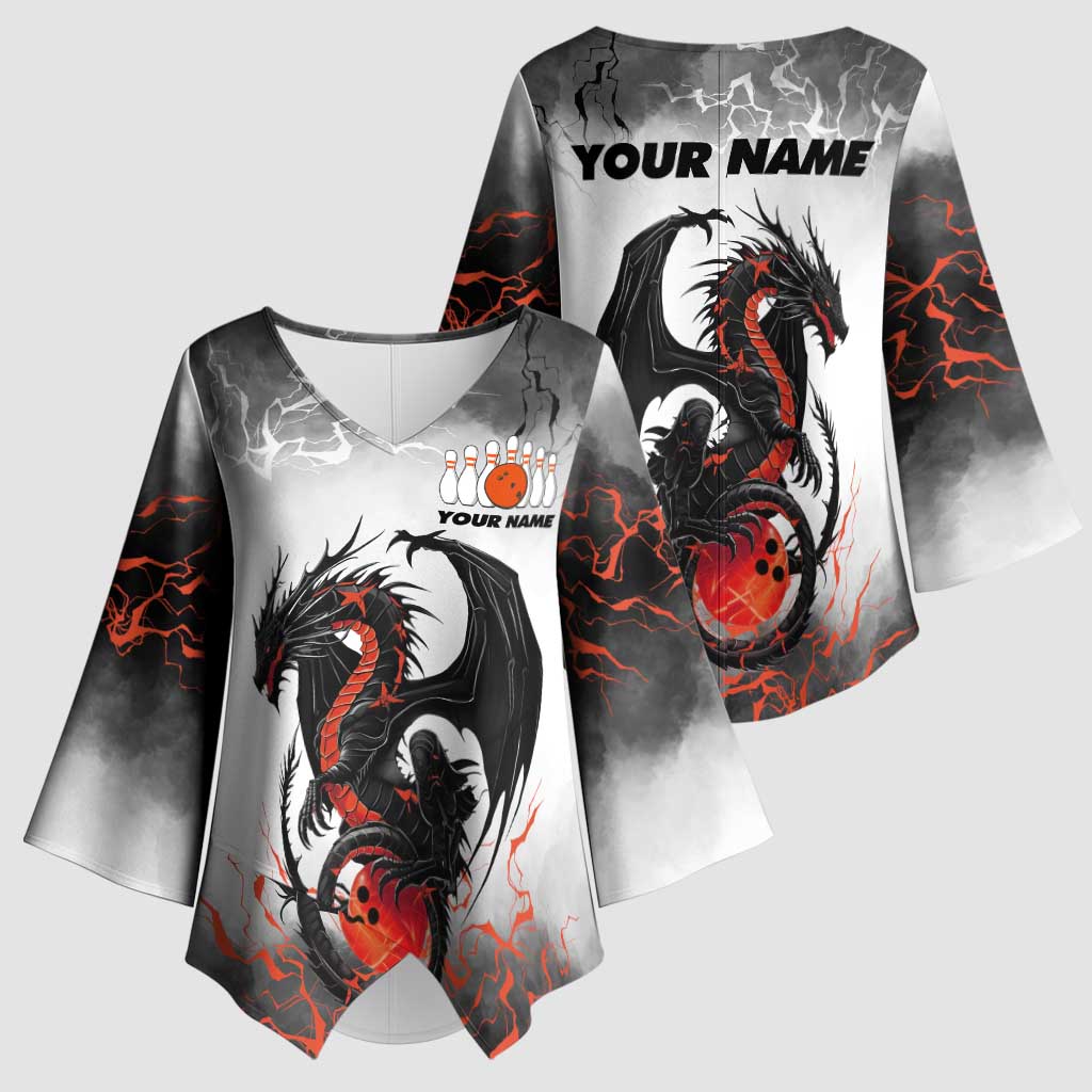 Custom Black Dragon Bowling Kimono Sleeve Blouse with Fiery Ball and Thunderstorm Lightning Pattern - Wonder Print Shop