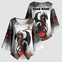 Custom Black Dragon Bowling Kimono Sleeve Blouse with Fiery Ball and Thunderstorm Lightning Pattern - Wonder Print Shop