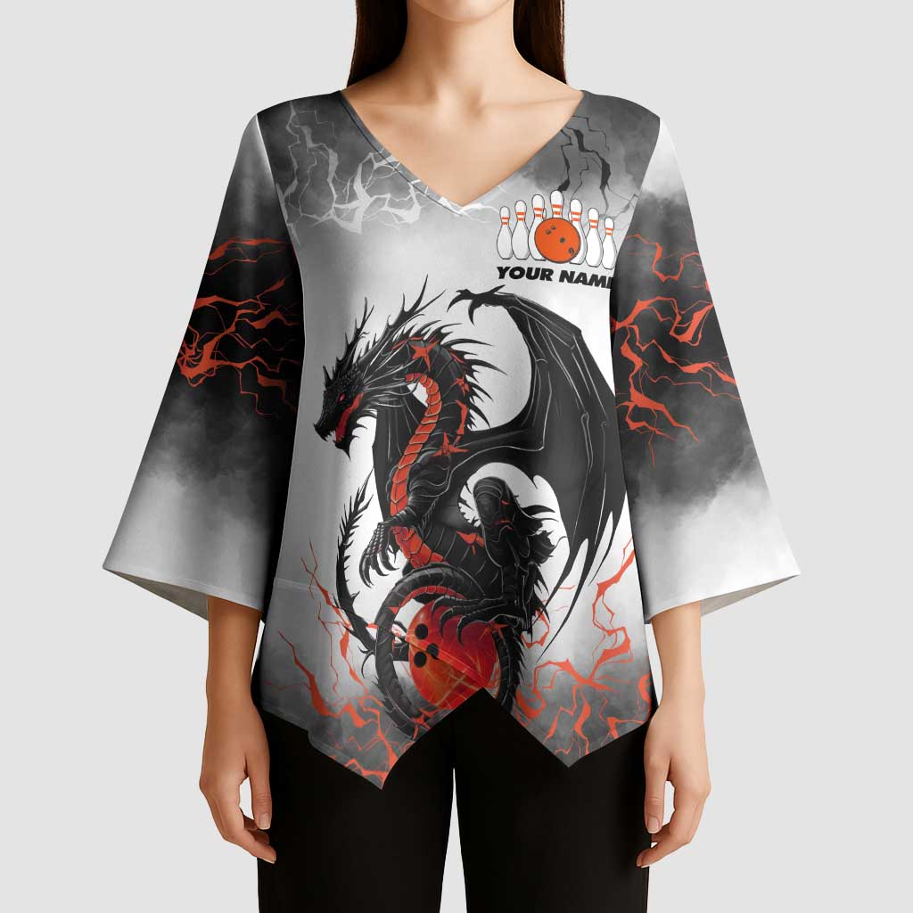 Custom Black Dragon Bowling Kimono Sleeve Blouse with Fiery Ball and Thunderstorm Lightning Pattern - Wonder Print Shop