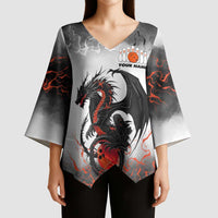 Custom Black Dragon Bowling Kimono Sleeve Blouse with Fiery Ball and Thunderstorm Lightning Pattern - Wonder Print Shop