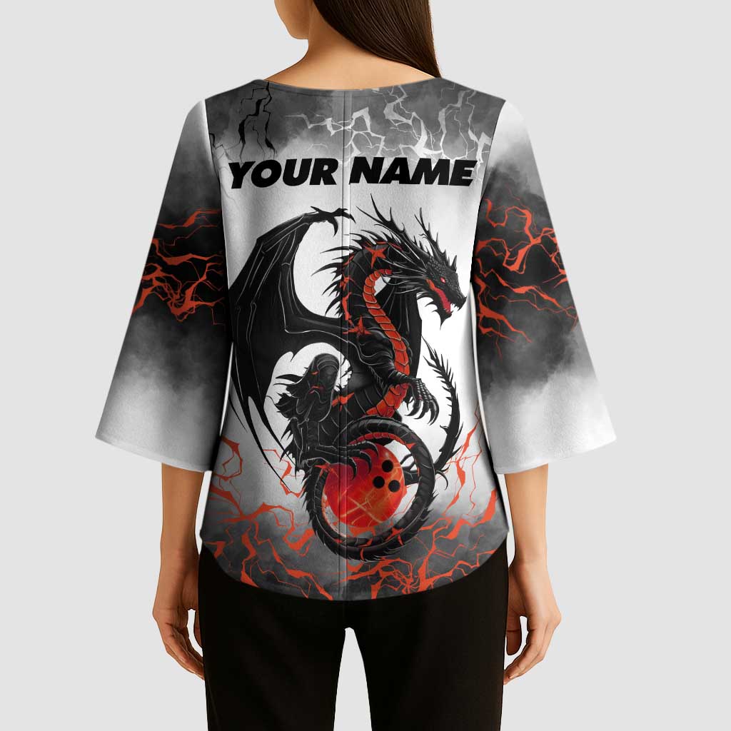Custom Black Dragon Bowling Kimono Sleeve Blouse with Fiery Ball and Thunderstorm Lightning Pattern - Wonder Print Shop