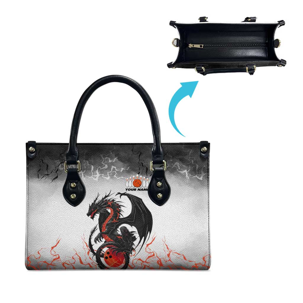 Custom Black Dragon Bowling Leather Bag with Fiery Ball and Thunderstorm Lightning Pattern - Wonder Print Shop