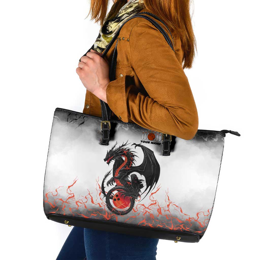 Custom Black Dragon Bowling Leather Tote Bag with Fiery Ball and Thunderstorm Lightning Pattern - Wonder Print Shop