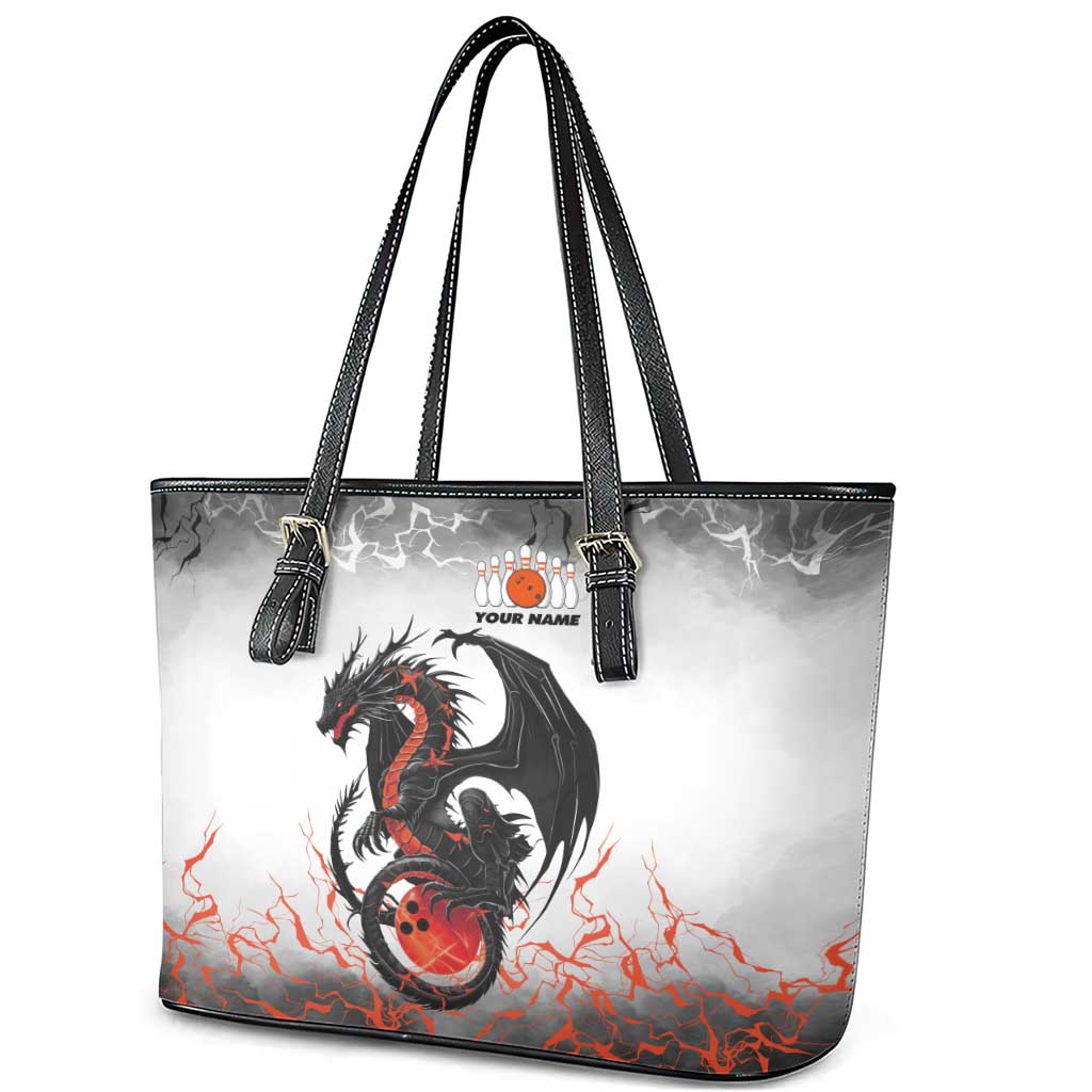Custom Black Dragon Bowling Leather Tote Bag with Fiery Ball and Thunderstorm Lightning Pattern - Wonder Print Shop