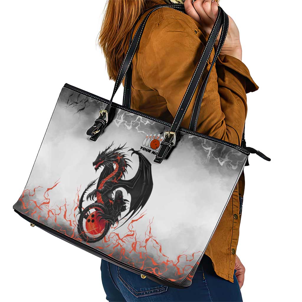 Custom Black Dragon Bowling Leather Tote Bag with Fiery Ball and Thunderstorm Lightning Pattern - Wonder Print Shop