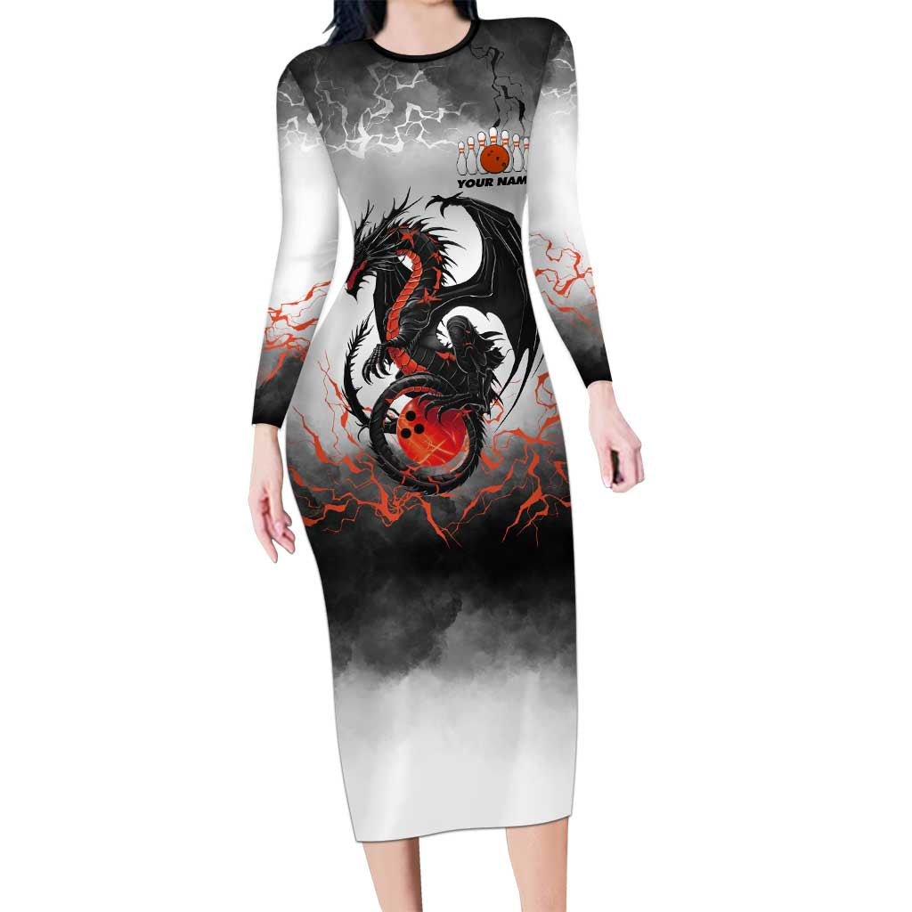 Custom Black Dragon Bowling Long Sleeve Bodycon Dress with Fiery Ball and Thunderstorm Lightning Pattern - Wonder Print Shop
