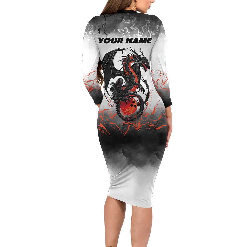 Custom Black Dragon Bowling Long Sleeve Bodycon Dress with Fiery Ball and Thunderstorm Lightning Pattern - Wonder Print Shop