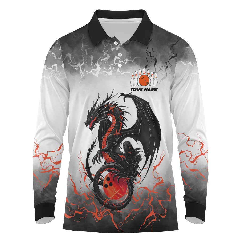 Custom Black Dragon Bowling Long Sleeve Polo Shirt with Fiery Ball and Thunderstorm Lightning Pattern - Wonder Print Shop