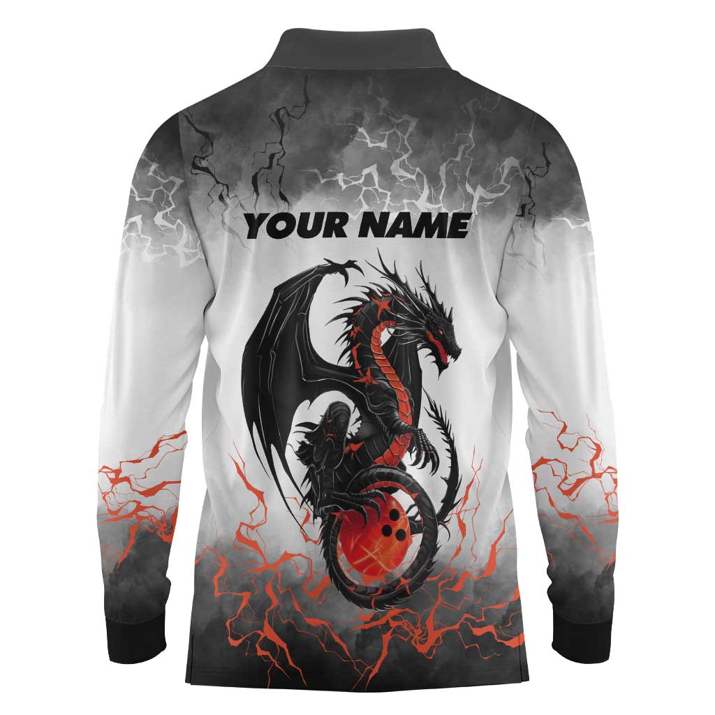 Custom Black Dragon Bowling Long Sleeve Polo Shirt with Fiery Ball and Thunderstorm Lightning Pattern - Wonder Print Shop