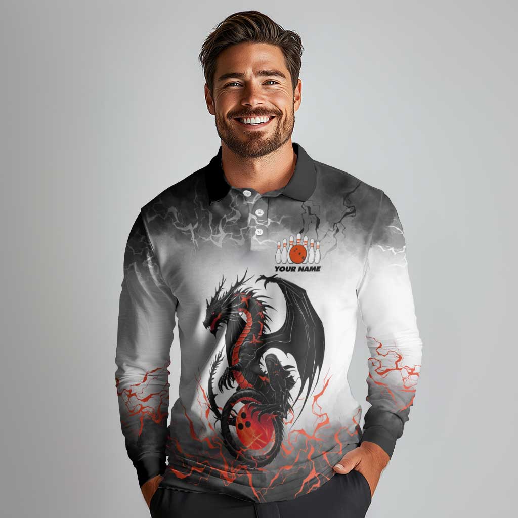 Custom Black Dragon Bowling Long Sleeve Polo Shirt with Fiery Ball and Thunderstorm Lightning Pattern - Wonder Print Shop