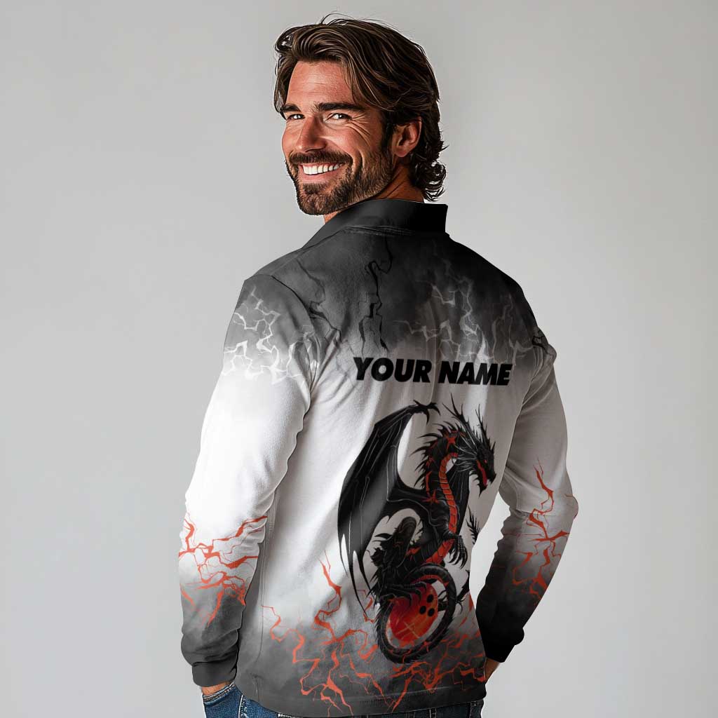 Custom Black Dragon Bowling Long Sleeve Polo Shirt with Fiery Ball and Thunderstorm Lightning Pattern - Wonder Print Shop
