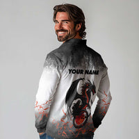 Custom Black Dragon Bowling Long Sleeve Polo Shirt with Fiery Ball and Thunderstorm Lightning Pattern - Wonder Print Shop