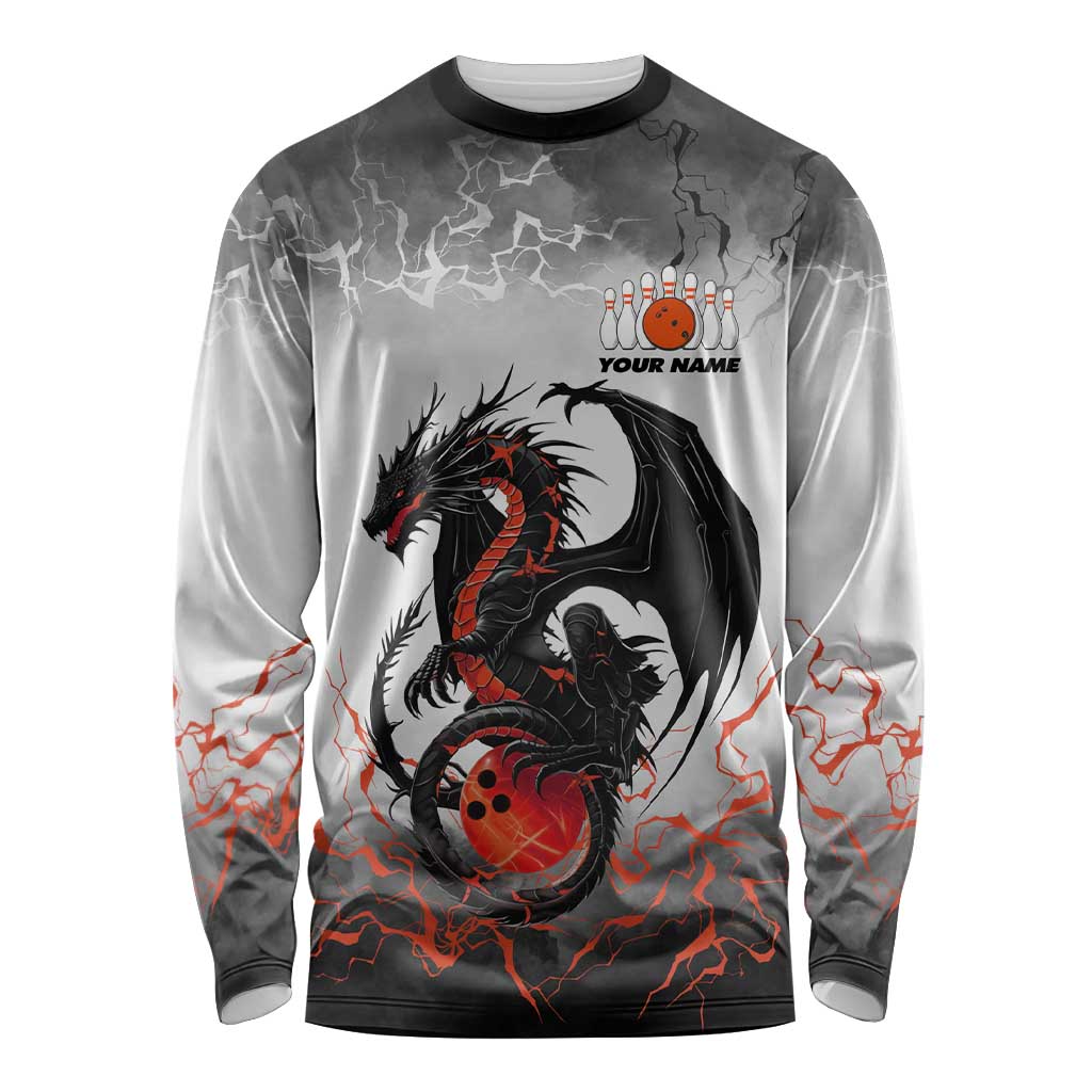 Custom Black Dragon Bowling Long Sleeve Shirt with Fiery Ball and Thunderstorm Lightning Pattern - Wonder Print Shop